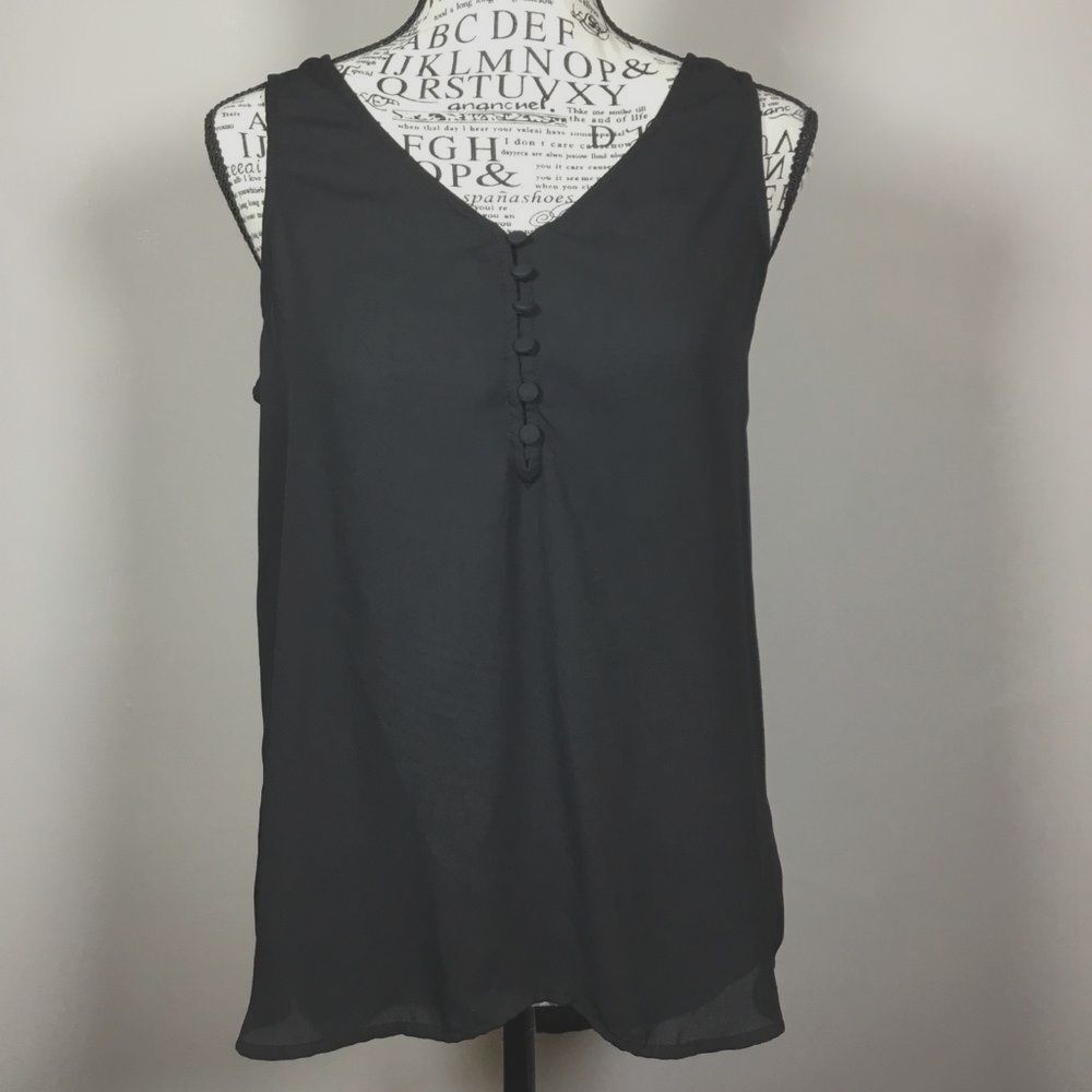 Apt. 9 black sleeveless semi sheer top fabric covered buttons closet staple S